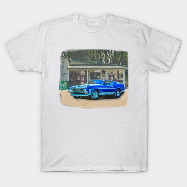 1973 Mustang Mach 1 in our filling station ink series T-Shirt by Permages LLC